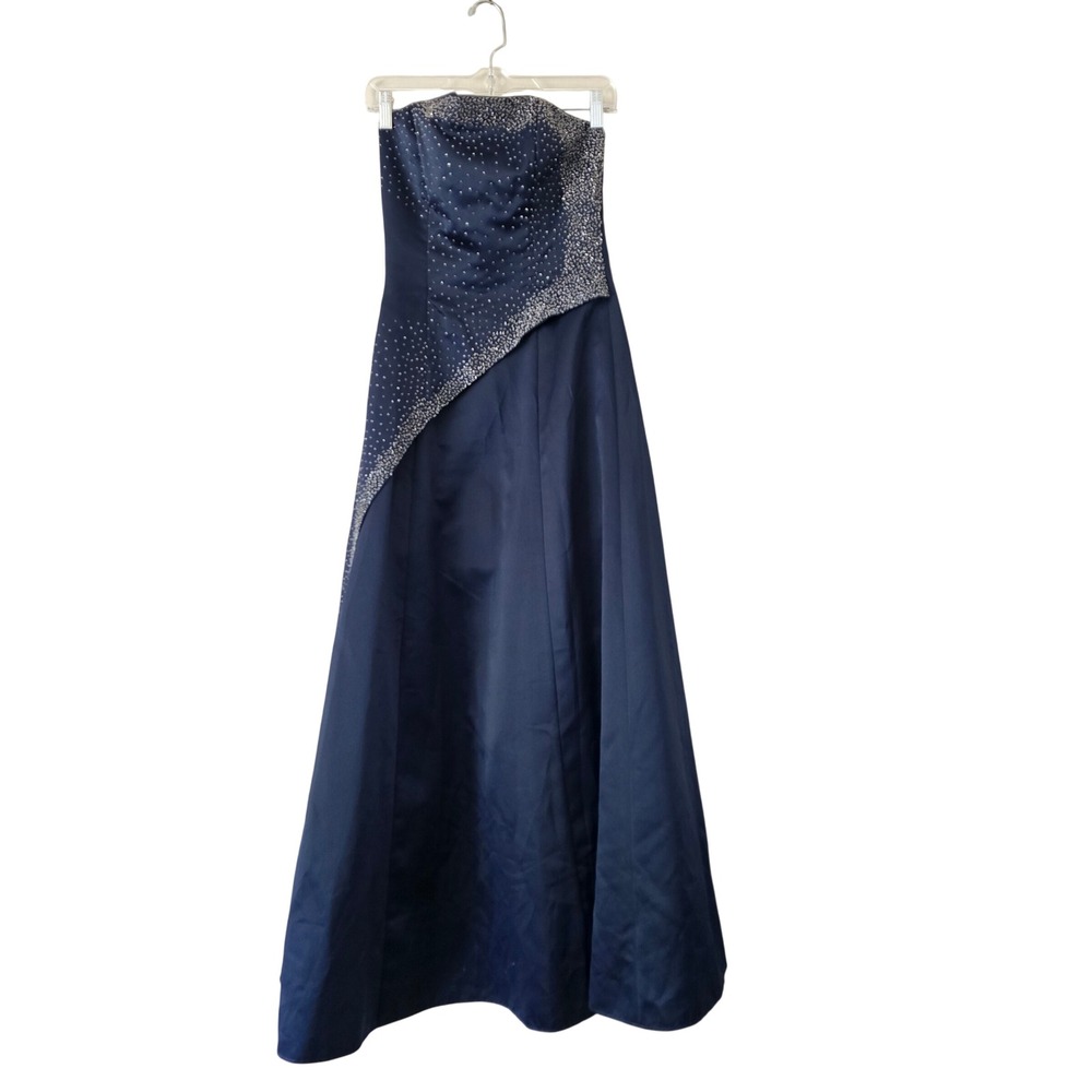 Morgan and co Navy Blue Strapless Beaded Satin Formal Evening Gown Prom Dress
